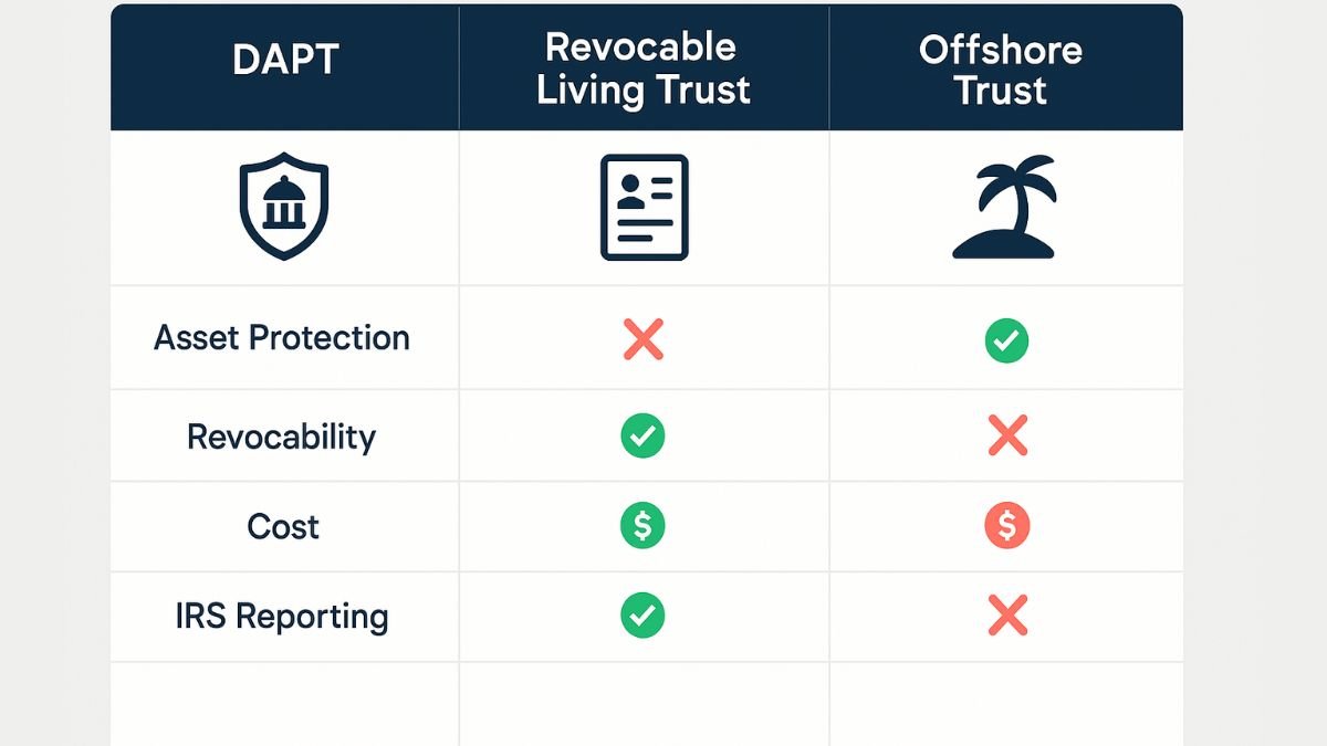 Visual comparison of DAPT, revocable living trust, and offshore trust based on asset protection and complexity