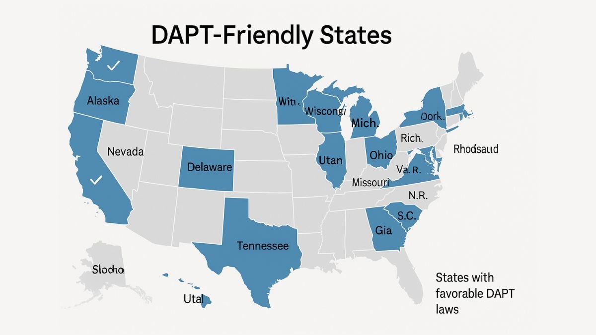 Map of DAPT-friendly states showing where domestic asset protection trusts are legally recognized