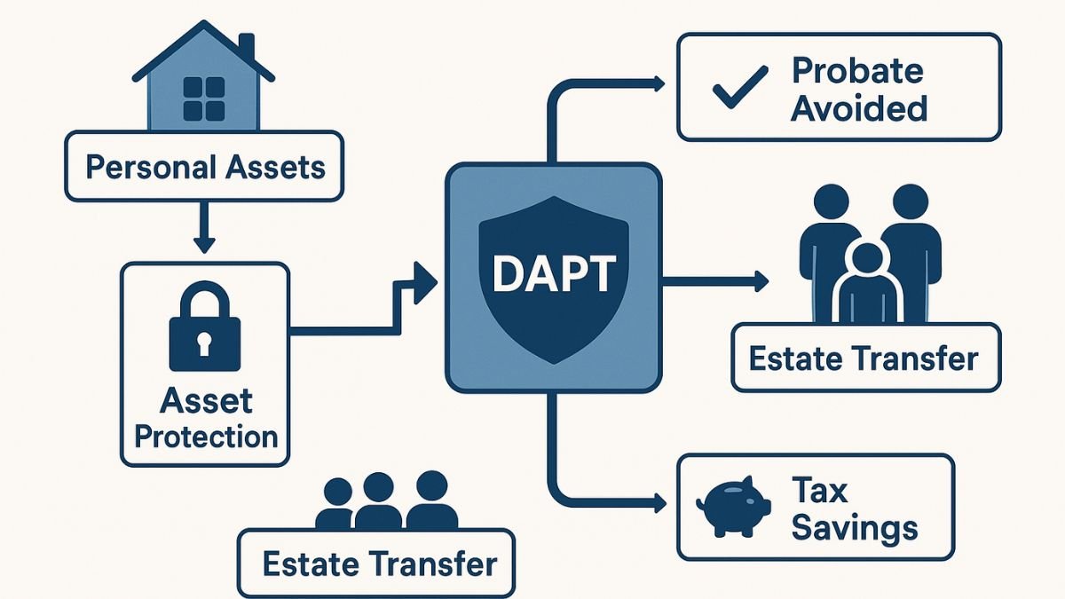 Flowchart showing how a DAPT protects assets and simplifies estate transfer without probate.