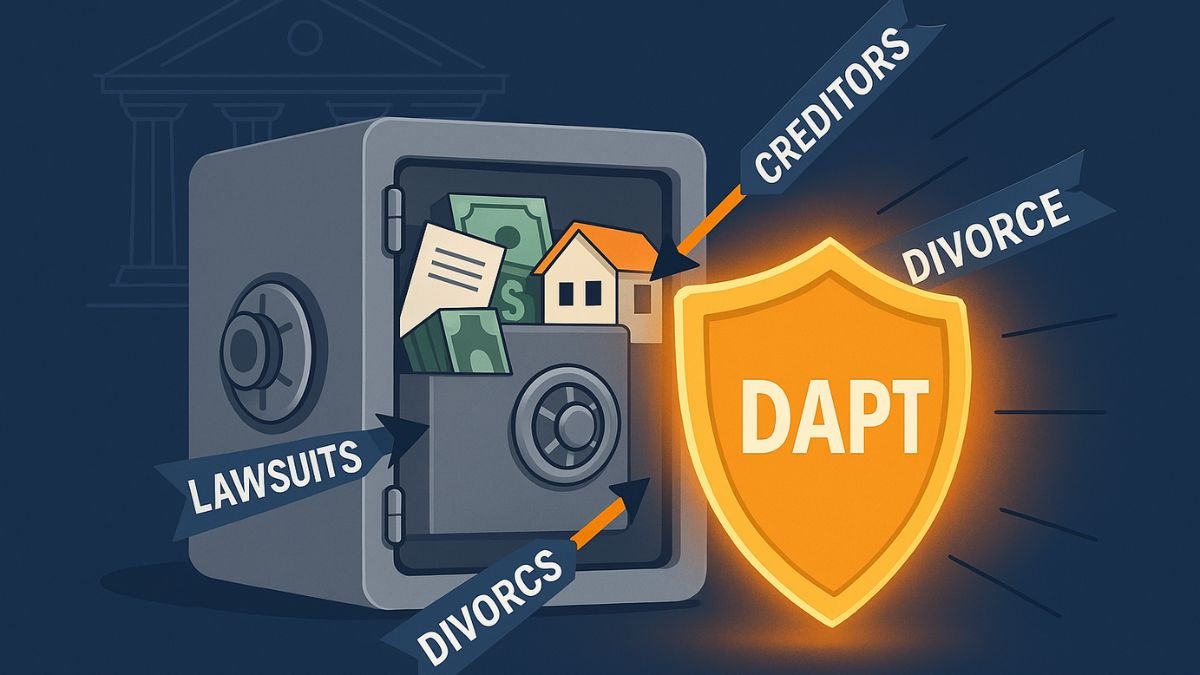 Shield labeled DAPT protecting a vault of assets from lawsuits, creditors, and divorce claims.