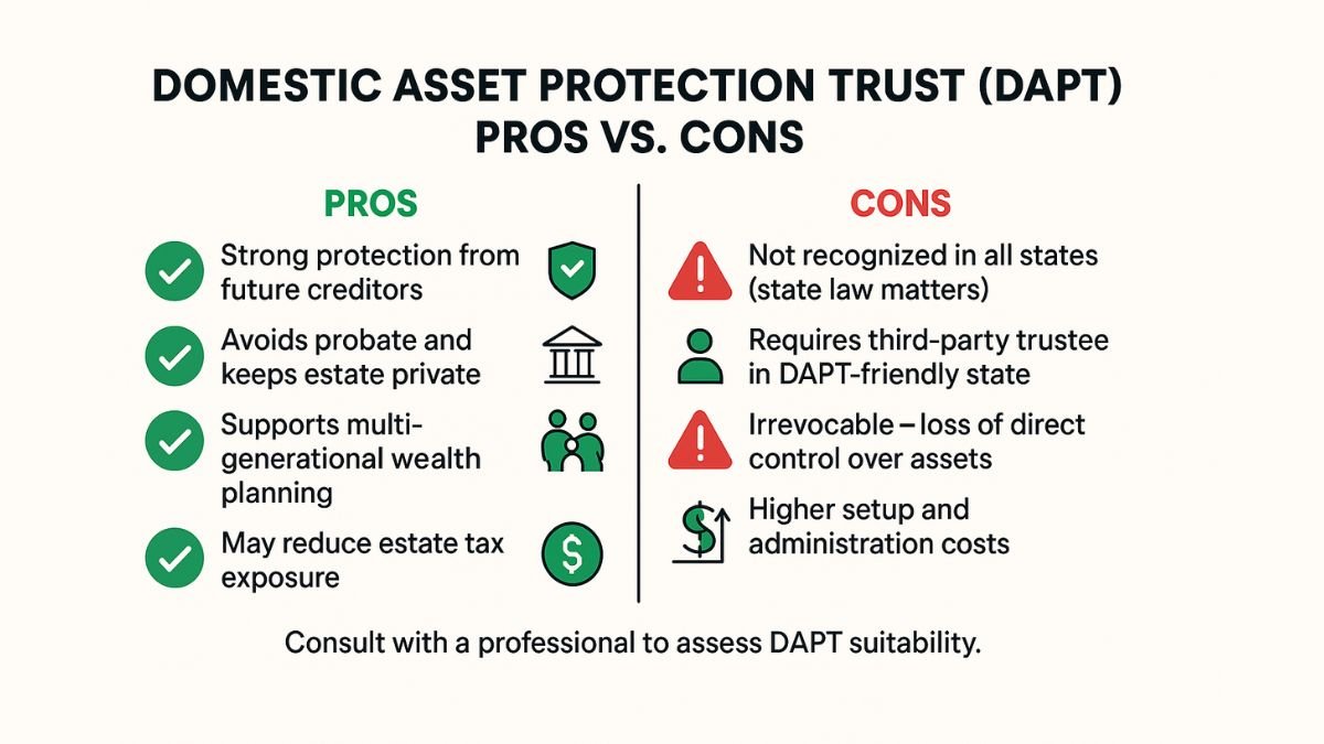 DAPT pros and cons infographic comparing benefits like creditor protection and limitations like state law challenges