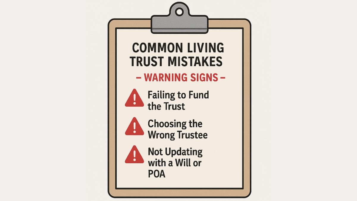 Checklist infographic showing four common mistakes in living trust creation, including trustee selection and failure to fund the trust.