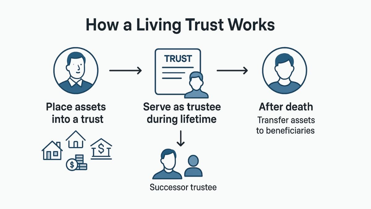 Flowchart showing how a living trust manages and transfers assets during and after life