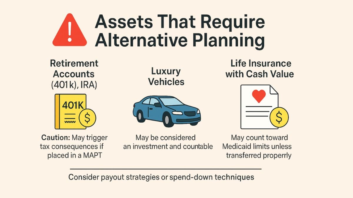 Infographic listing assets that may not be protected in a MAPT, including retirement accounts, luxury vehicles, and cash-value life insurance.
