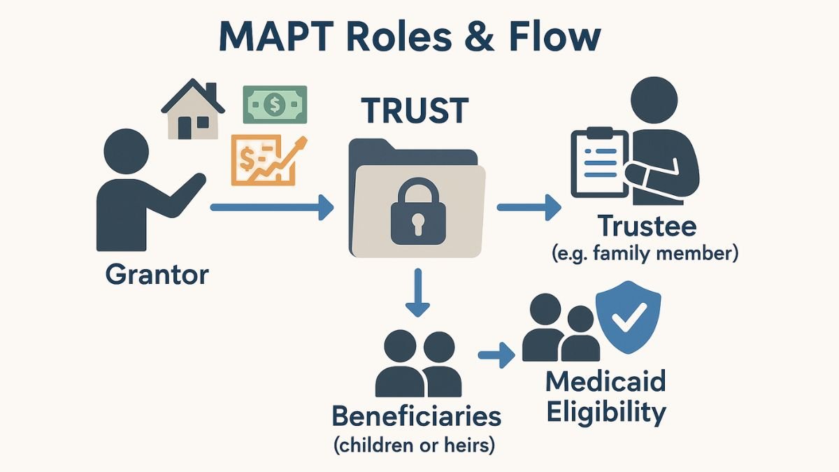 Diagram showing how a grantor transfers assets into a MAPT for trustee management and future beneficiary inheritance.
