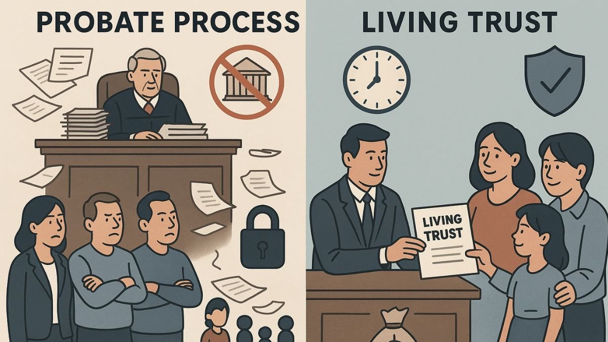 Side-by-side comparison of probate vs. living trust showing delays in court versus quick, private asset transfer