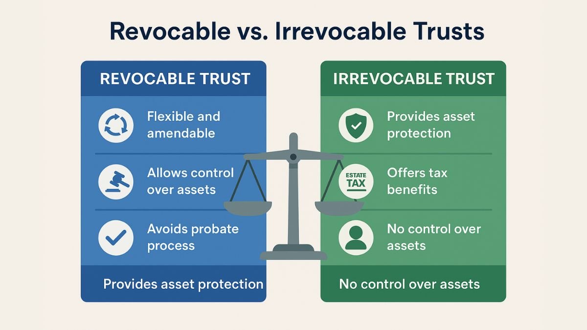 Side-by-side infographic comparing revocable vs. irrevocable living trusts, highlighting control, probate, and asset protection differences.