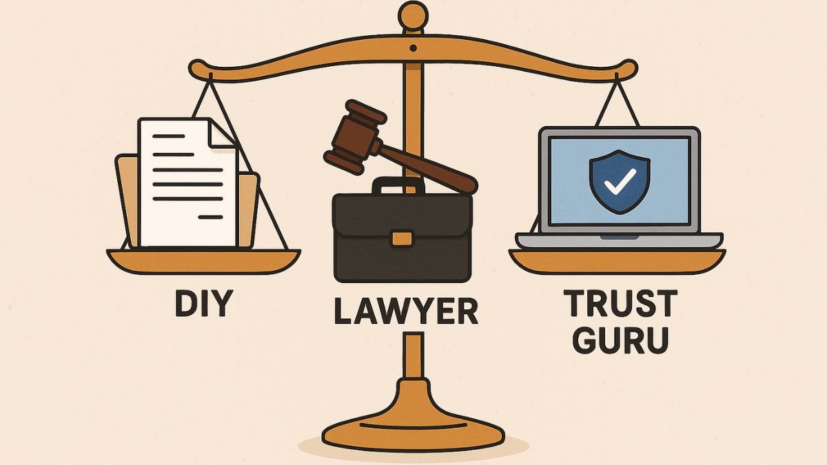 Illustration of a balance scale weighing DIY, lawyer, and Trust Guru options for setting up a trust