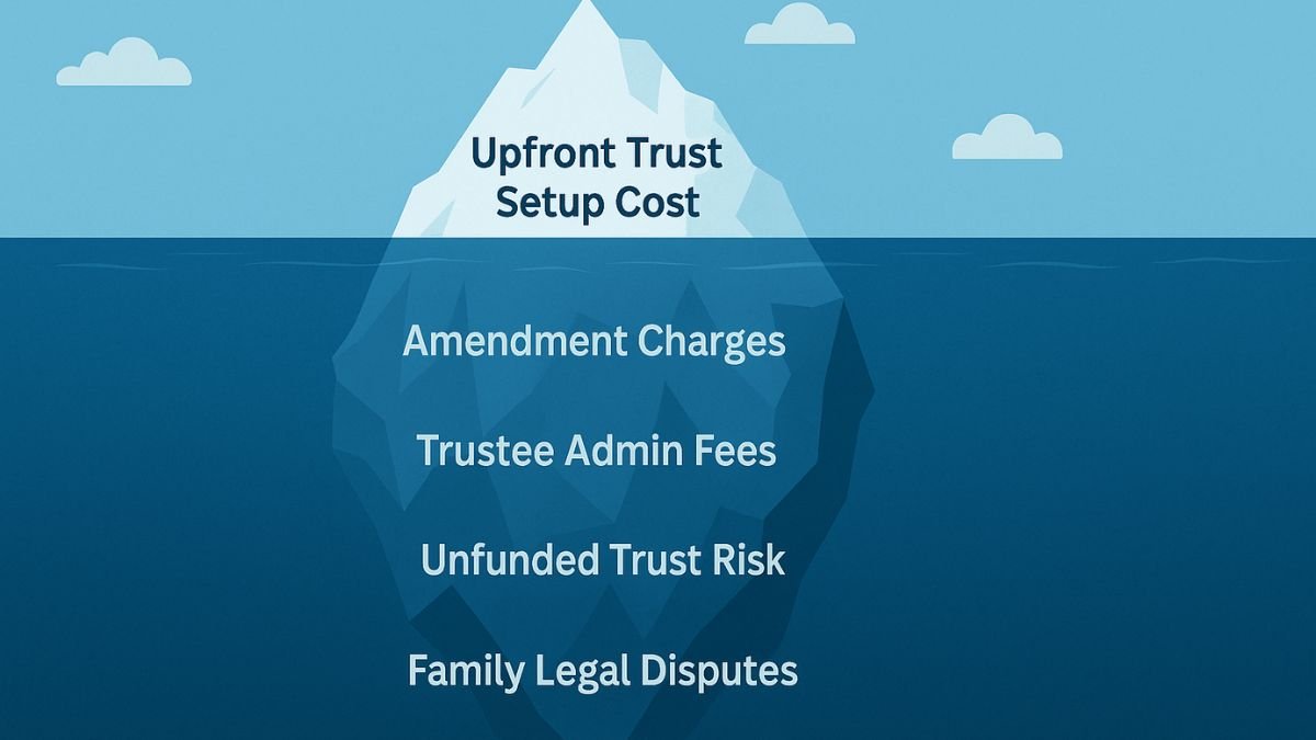 Iceberg graphic showing visible and hidden trust costs like probate and admin fees