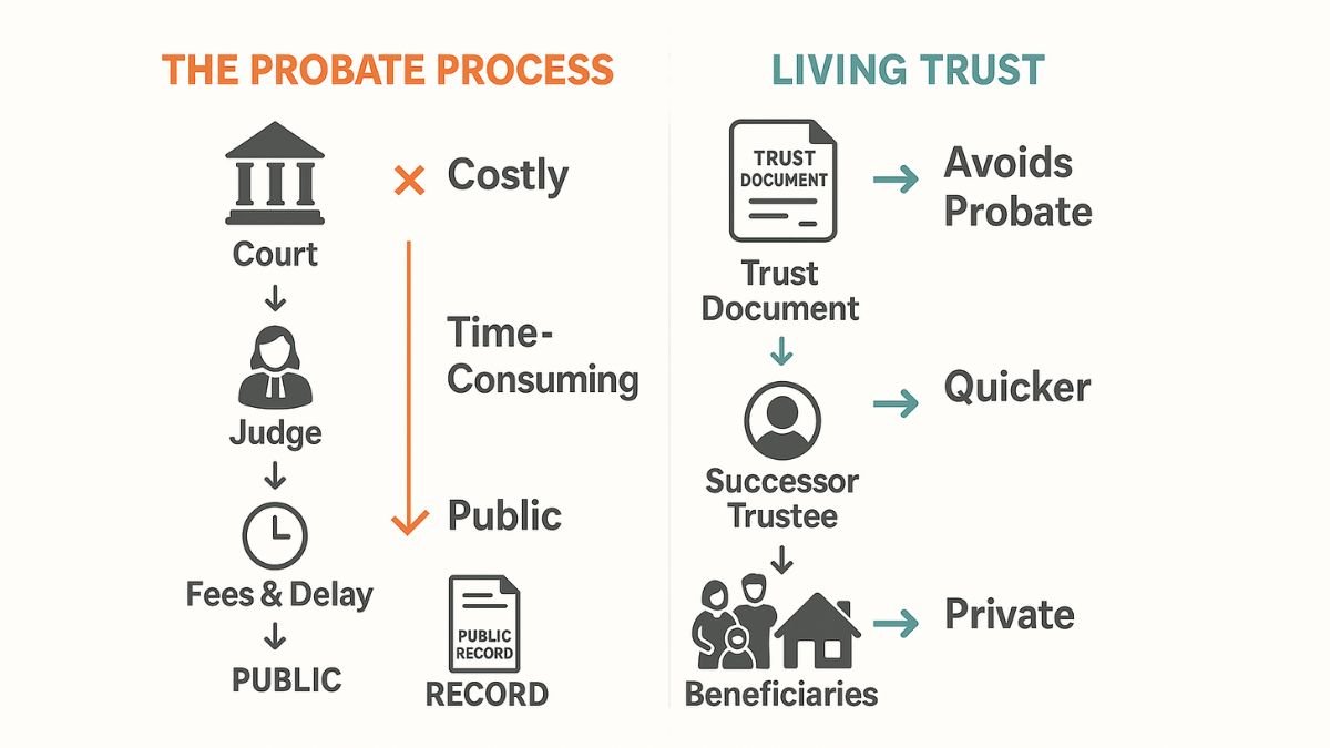 Side-by-side flowchart comparing probate court steps vs. living trust asset distribution process.