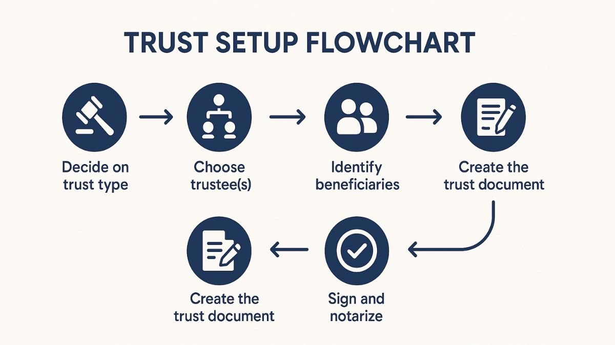Flowchart showing steps to set up a living trust including trustee choice and funding the trust