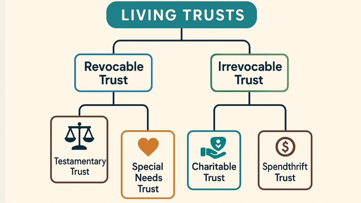Diagram of different types of living trusts, including revocable, irrevocable, testamentary, special needs, charitable, and spendthrift trusts."