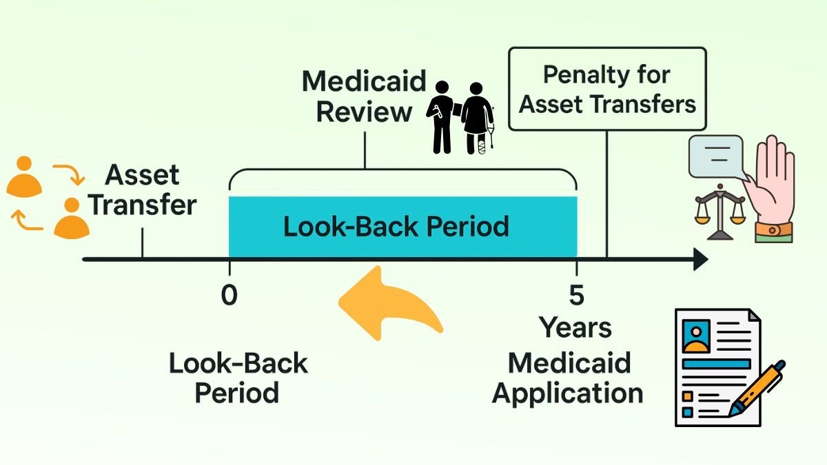 Timeline graphic illustrating Medicaid’s 5-year look-back rule, showing asset transfers, review period, and impact on eligibility.
