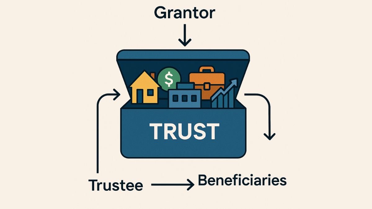 Trust container graphic showing how assets are managed and distributed by a trustee to beneficiaries