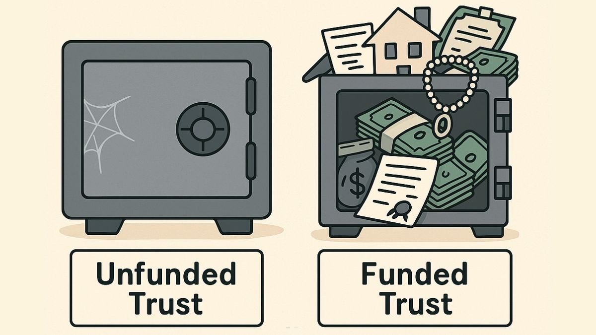 Side-by-side safes showing an empty unfunded trust and a full funded trust with various assets